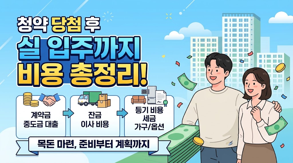 청약 당첨 후 계약금, 중도금 대출, 잔금, 이사 비용, 등기 비용, 세금, 가구 및 옵션 비용 등 입주까지 필요한 모든 비용 단계를 직관적으로 보여주는 한글 썸네일 이미지.