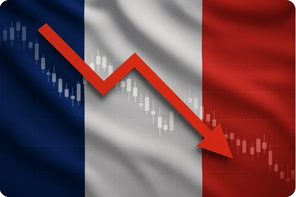 프랑스 국기 위에 겹쳐진 금융 그래프와 하락 화살표
