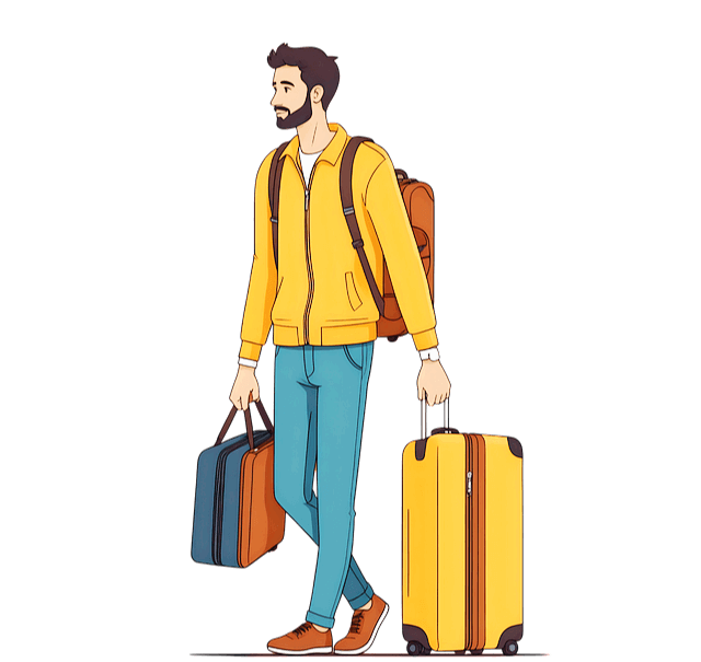 젊은 백인남자가 청바지를 입고 여행 가방을 끌고 간다. 상의는 노란 점퍼를 입었다.