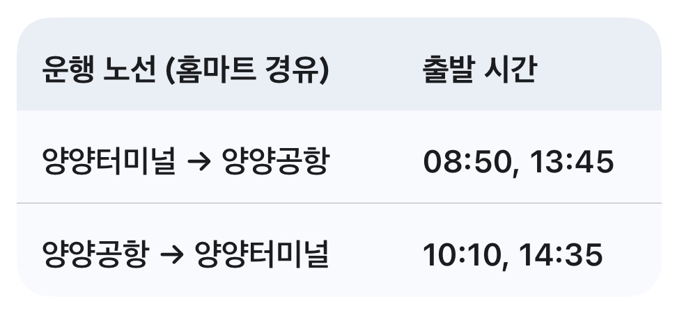 양양터미널 ↔ 양양공항 셔틀버스 시간표
