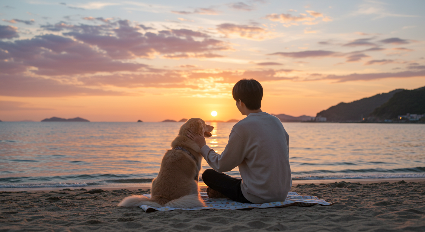 강원도 해변에서 반려견과 함께 노을을 바라보는 한국인