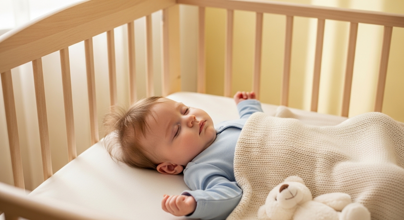 아늑한 침대에서 편안하게 잠들어 있는 아기의 평화로운 모습.