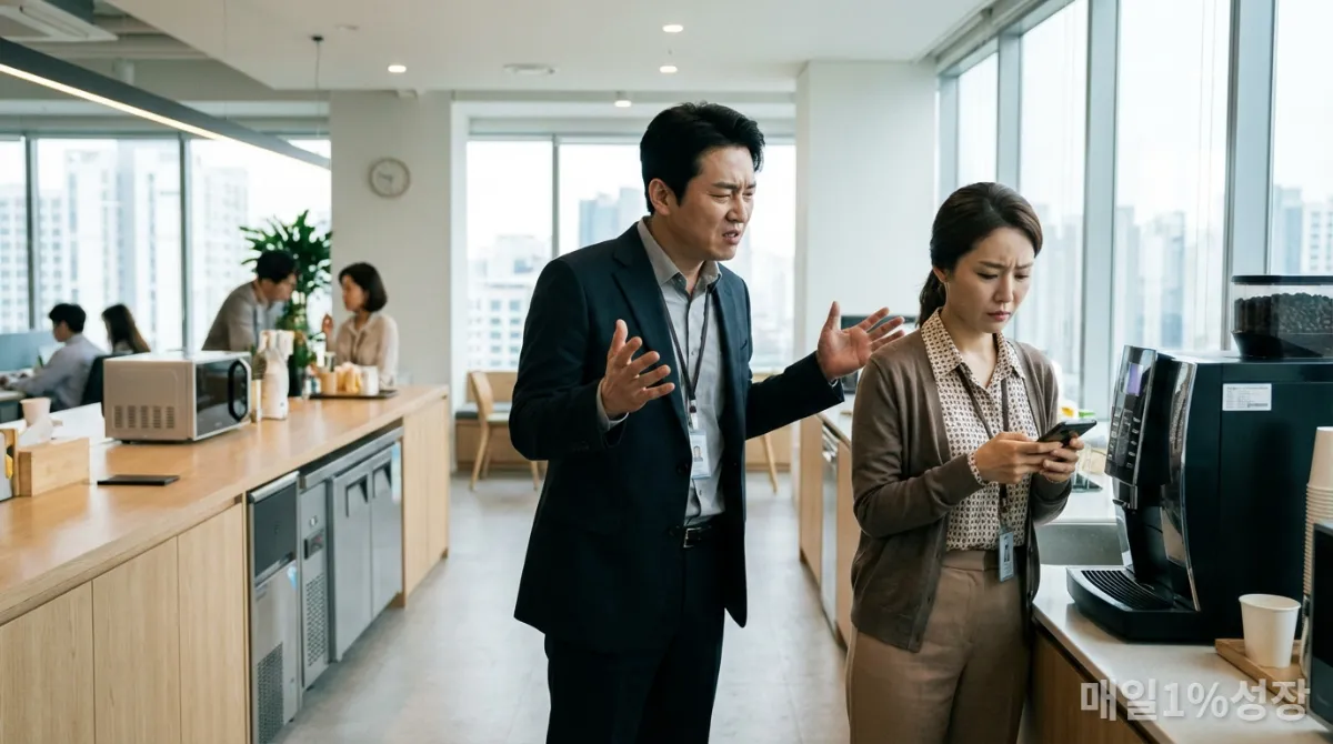 한국 사무실 휴게실에서 부정적인 대화를 나누는 두 사람