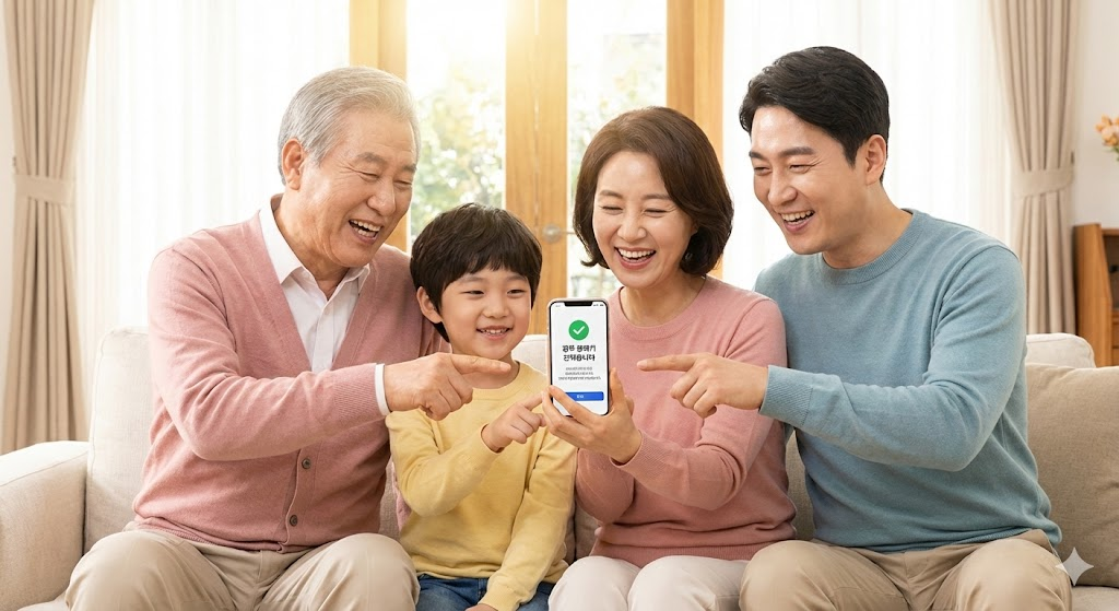 정부지원금 선정 소식에 기뻐하는 3대 가족 2026 복지 혜택 알트 텍스트