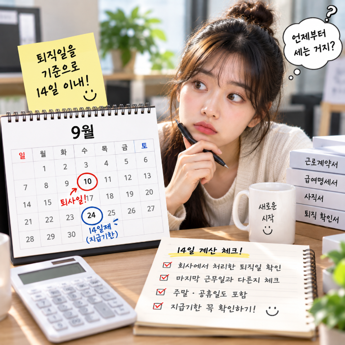 퇴사 후 월급 지급기한 14일을 언제부터 계산하는지 퇴직일과 달력을 확인하는 직장인 이미지