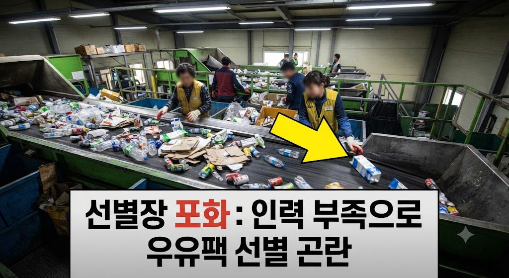 소비자가 분리배출을 잘 해도 재활용률이 오르지 않는 이유입니다. 지자체 선별장의 과부하 상태를 보여줍니다. 쏟아지는 재활용 쓰레기 산더미 속에서, 인력 부족으로 우유팩이 일반 종이류나 쓰레기로 분류되어 컨베이어 벨트를 지나가는 안타까운 순간을 포착했습니다.
