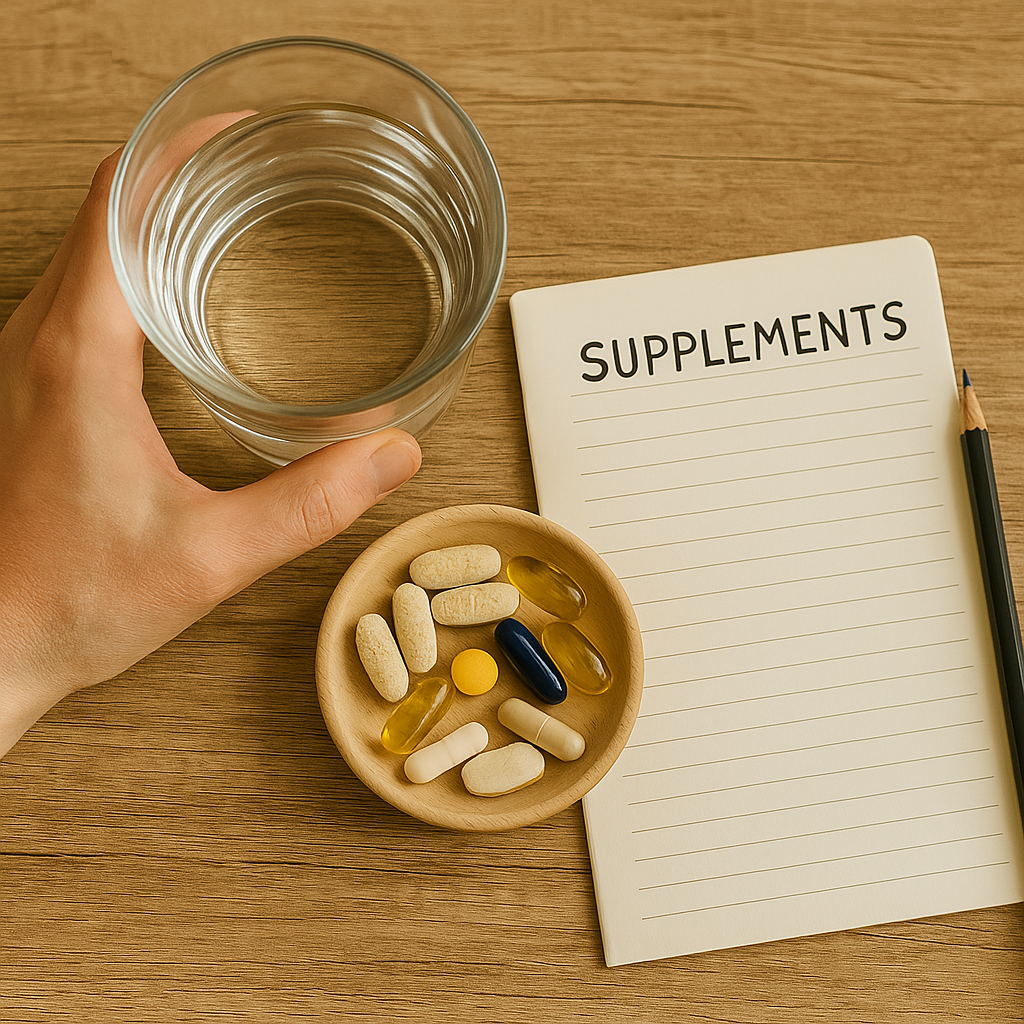 나무 테이블 위에 놓인 영양제 알약들과 메모장, 물컵, 연필, 그리고 손으로 컵을 잡고 있는 모습