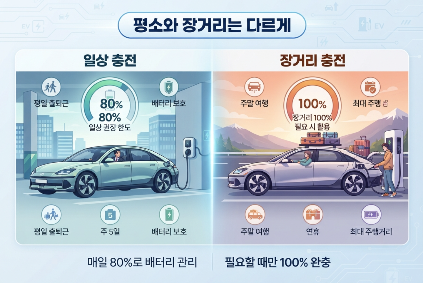 전기차 일상 80퍼센트 충전과 장거리 100퍼센트 충전을 비교하는 이미지