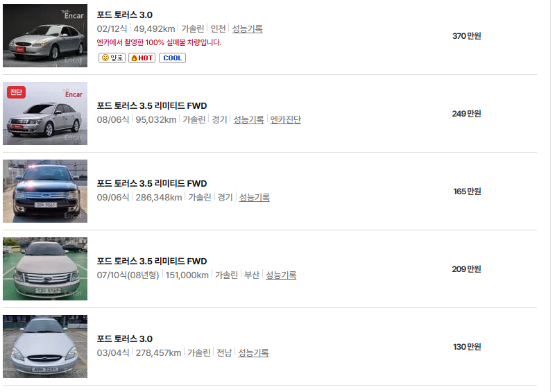 포드 토러스 중고차 가격 시세표 유지비