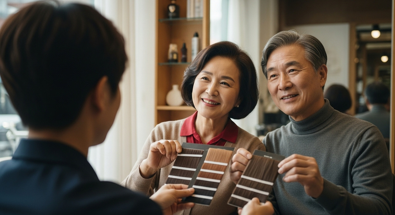 서울 미용실에서 60대 한국인 남녀가 모카·애쉬 브라운 색상표를 상담하는 장면