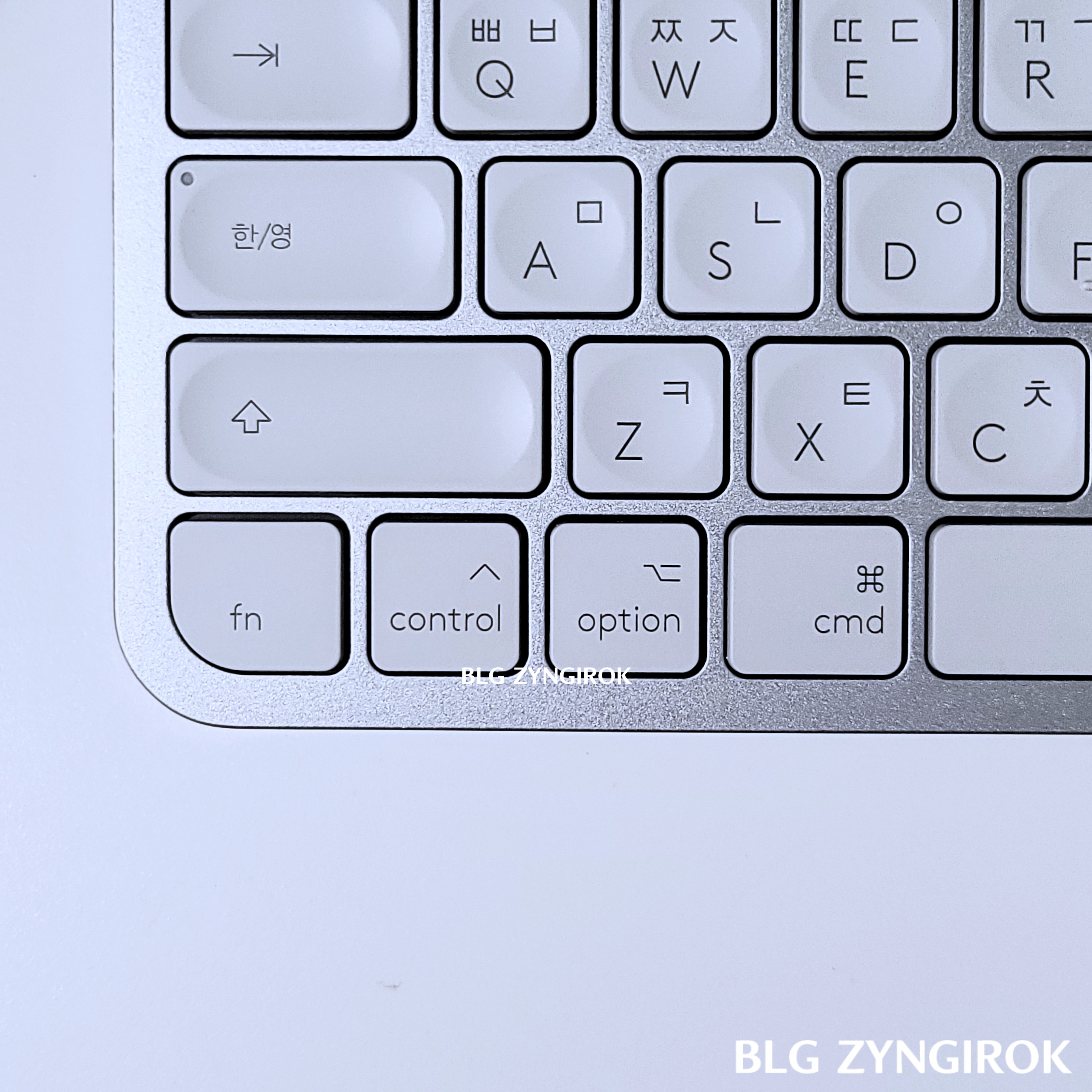 로지텍 MX Keys MINI 기능 키 배열 모습이다. fn, control, option, cmd 순으로 배치돼 있다.