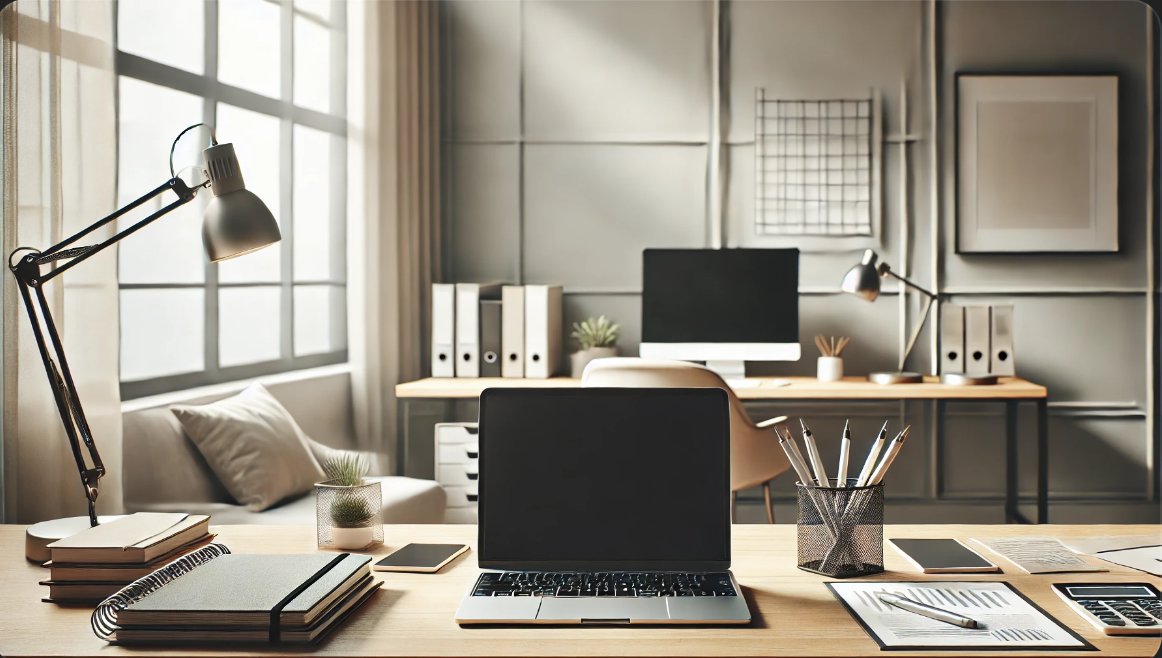 깔끔하게 정리된 현대적인 사무 공간, 데스크 위에 열린 랩탑과 노트패드, 디지털 태블릿이 놓여 있습니다. 자연광이 창문을 통해 들어오는 편안한 환경입니다.