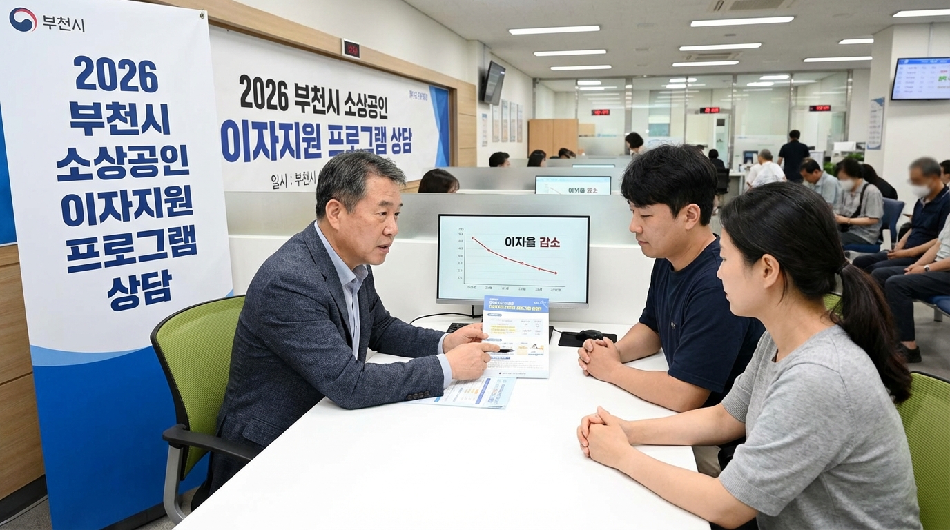 2026년 부천시 소상공인 이차보전 사업을 통해 대출 이자를 감면받는 상담 장면