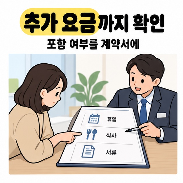 휴일과 식사, 서류 항목이 있는 계약서를 보호자와 상담 직원이 함께 살펴보며 추가 요금 포함 여부를 확인하는 그림