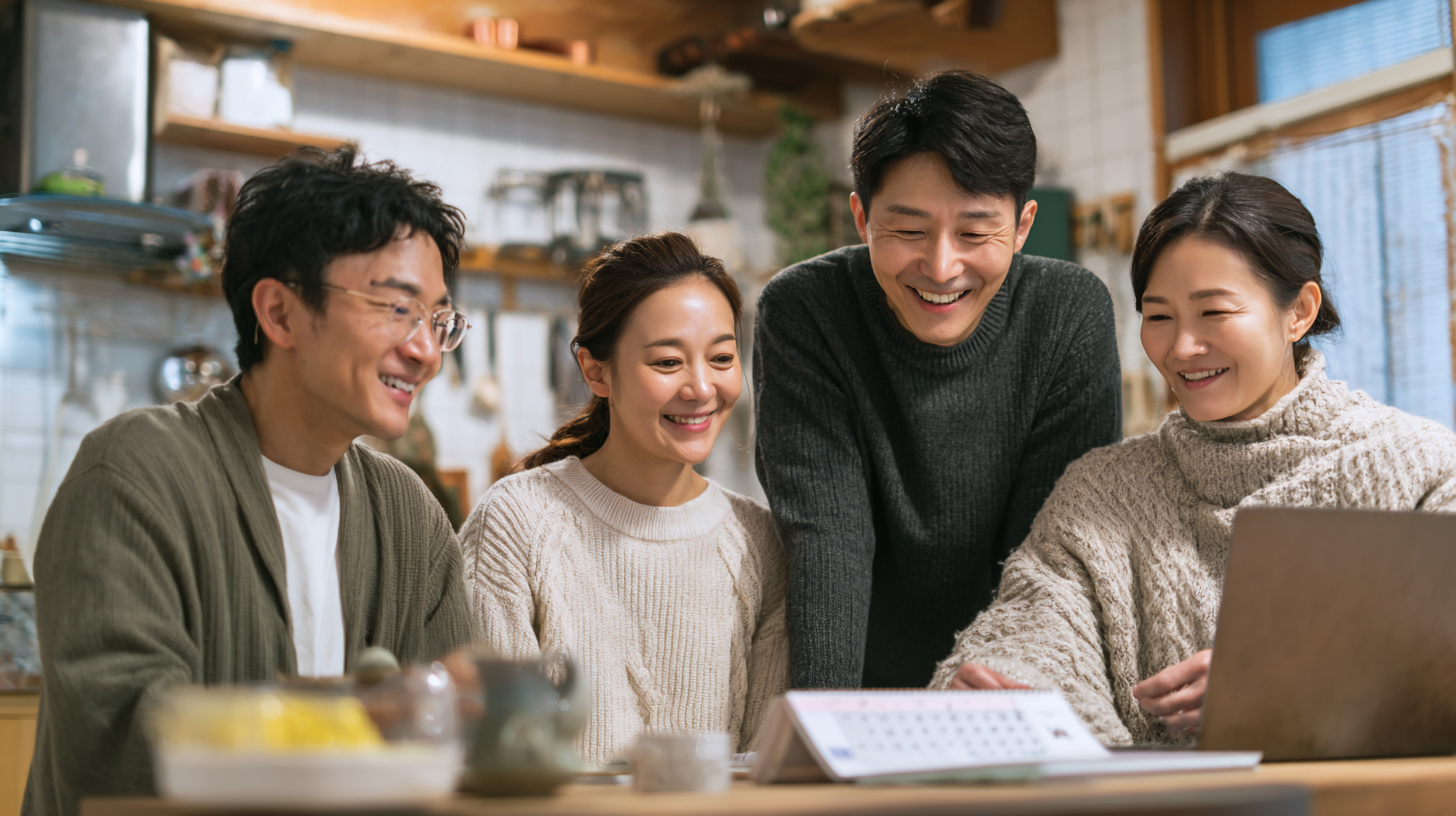 주방 테이블에 모여 공연·전시 날짜가 표시된 달력을 보는 한국인 가족과 친구들
