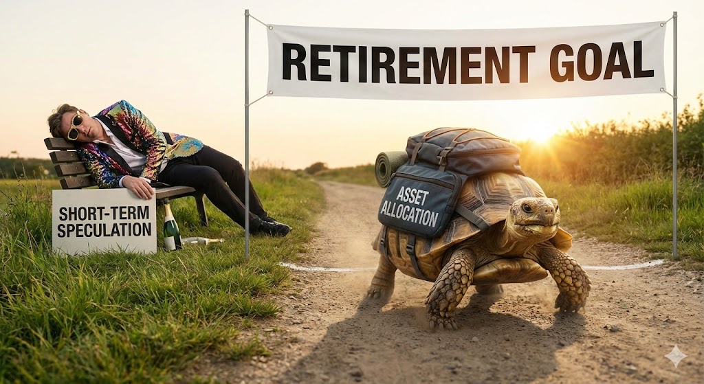 토끼(단기 대박)가 지쳐 잠든 사이, 등 뒤에 'Asset Allocation(자산 배분)'이라는 배낭을 멘 거북이가 묵묵히 결승선을 통과하며 웃는 모습