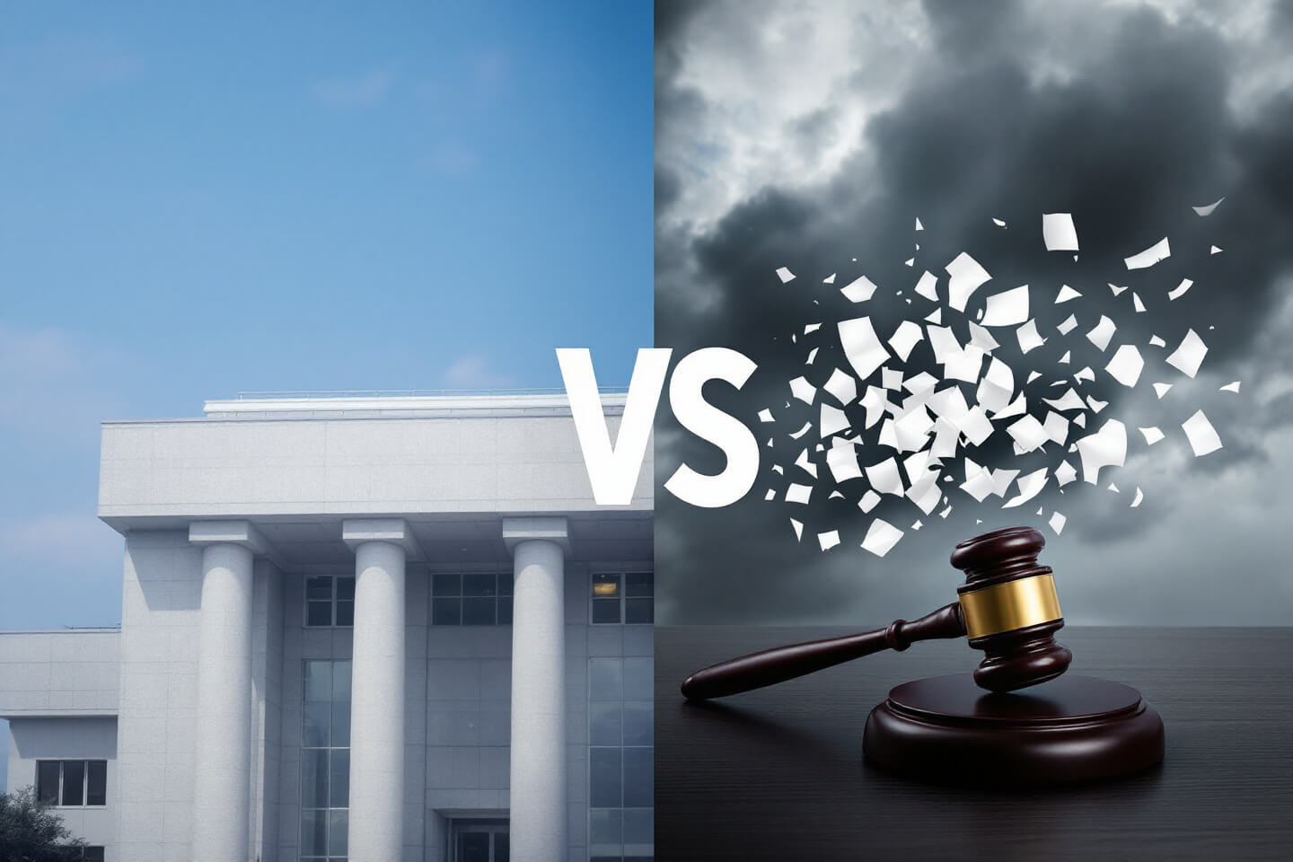 정치적 안정성과 불확실성을 대조적으로 표현한 이미지. 왼쪽에는 푸른 하늘 아래 하얀 기둥이 있는 정부 청사가 질서와 안정을 상징하며 배치되어 있습니다. 오른쪽에는 어두운 폭풍 구름 배경 속에 흩어진 종이와 부서진 망치가 혼란과 법적 불확실성을 나타냅니다. 중앙에는 두 장면을 나누는 "VS" 문구가 강조되어 있습니다