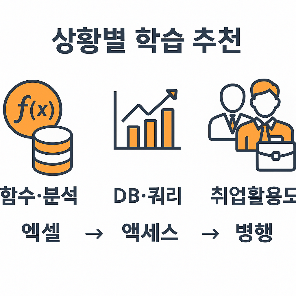 컴활 1급 실기에서 엑셀, 액세스 선택 및 병행 학습 전략을 시각적으로 정리한 취업활용도 중심 인포그래픽