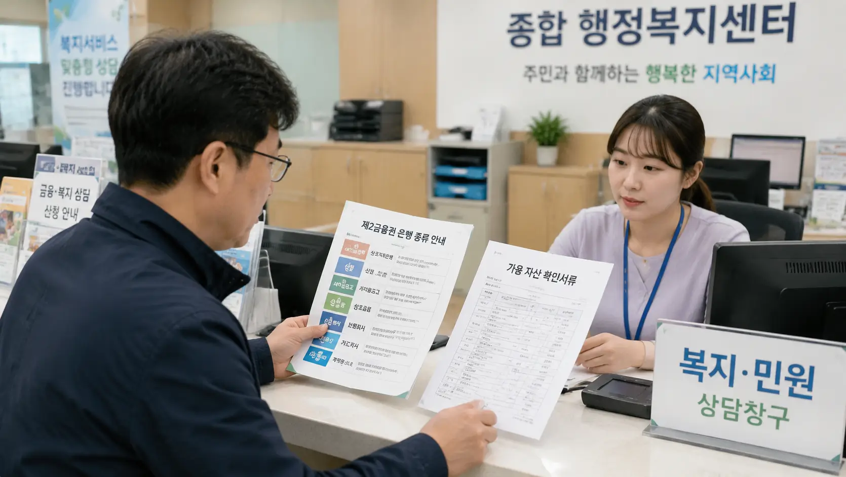 지방 종합 행정복지센터 관공서 창구에서 금융 소비자가 제2금융권은행종류 안내서와 가용 자산 확인 서류를 대조하는 일상