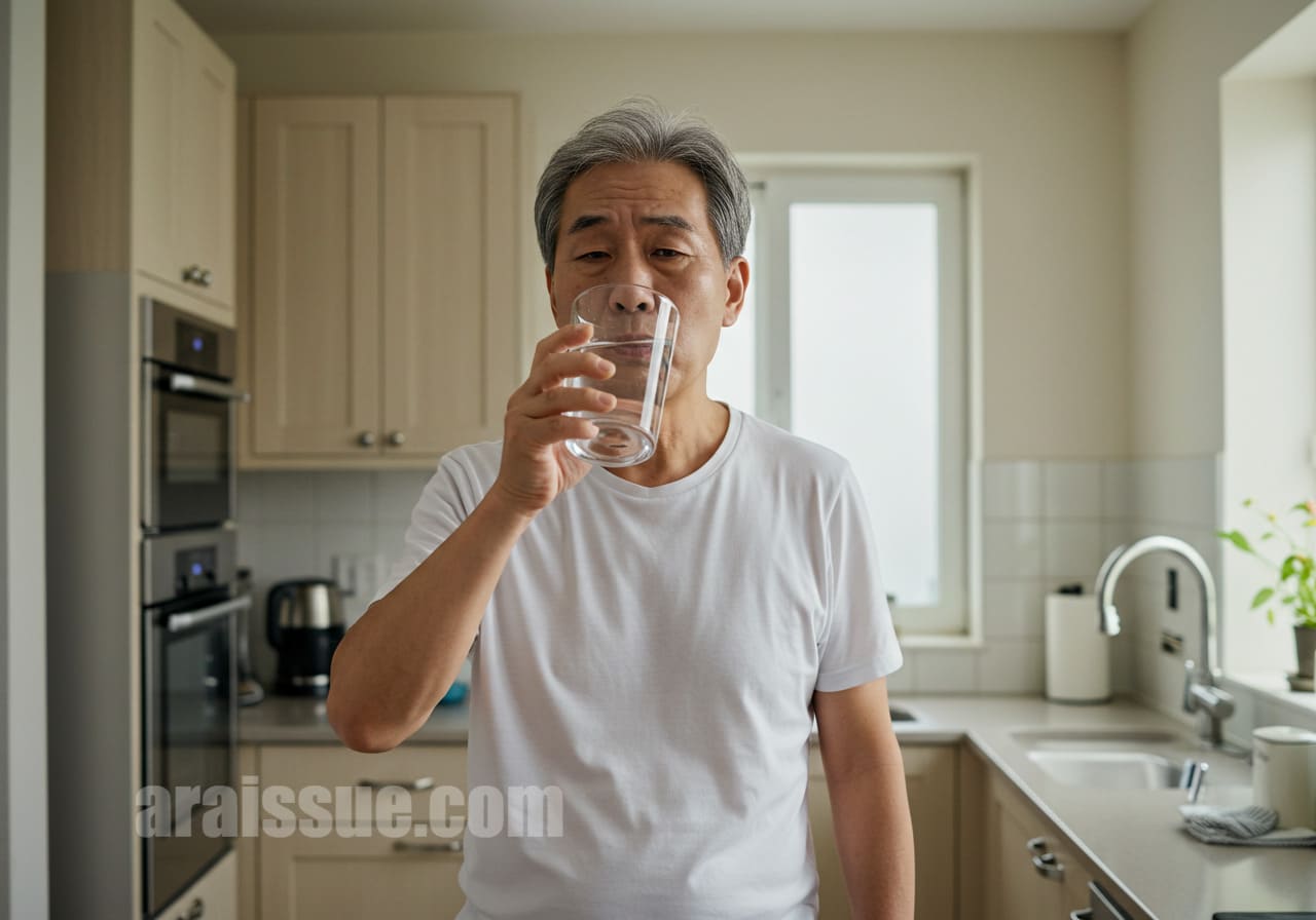 물을 자주 마시는 중년 남성의 갈증 장면