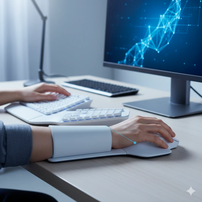 컴퓨터, 키보드, 마우스가 있는 배경에 손목 받침대나 올바른 자세를 취한 손목을 강조하여 손목 건강을 나타내는 이미지.