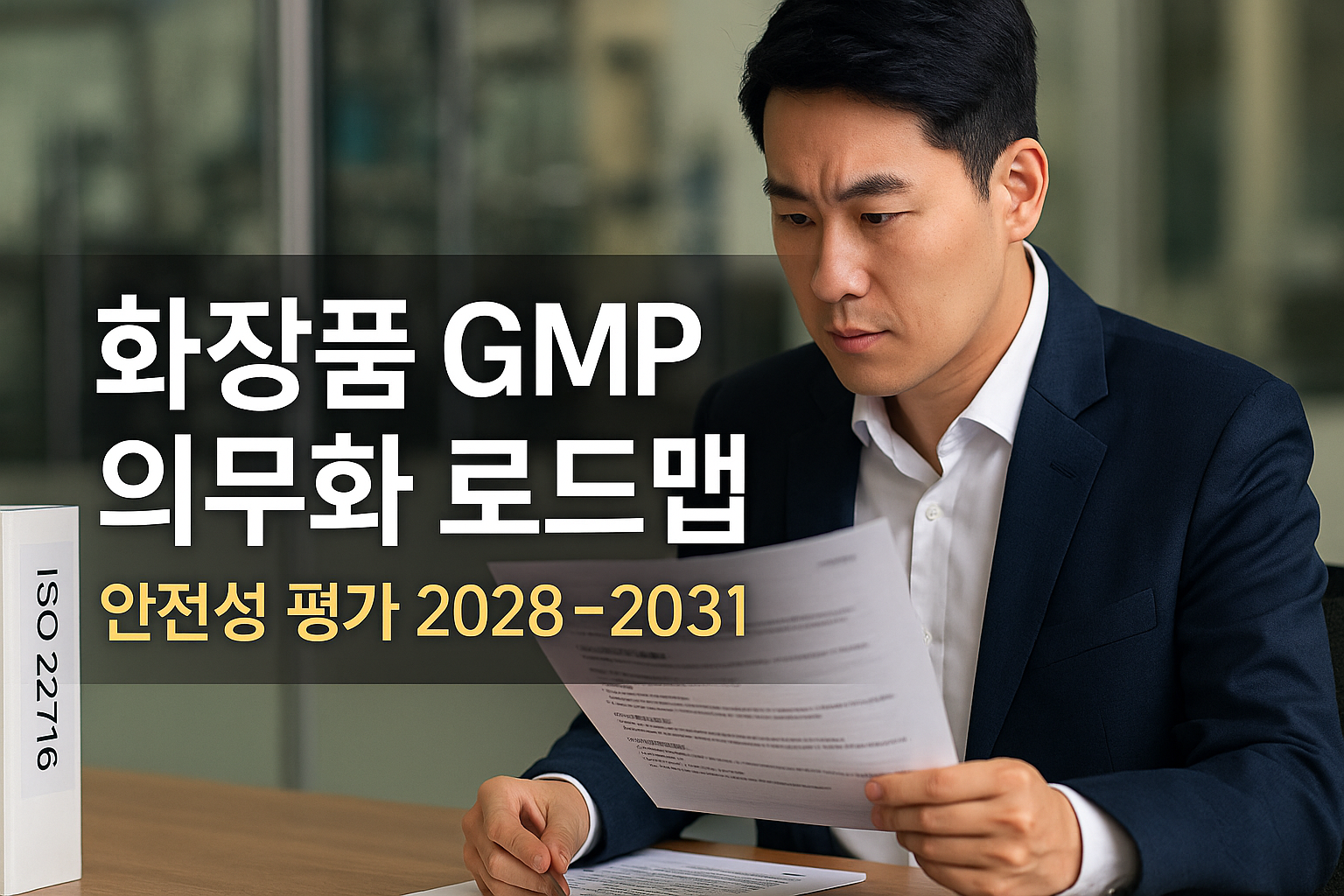현대 사무실에서 한국인 전문가가 ISO 22716 바인더와 배치기록 서류를 검토하며 &lsquo;화장품 GMP 의무화 로드맵&rsquo;과 &lsquo;안전성 평가 2028~2031&rsquo; 준비를 점검하는 장면으로, 화장품 GMP 의무화&middot;ISO 22716 조화&middot;책임판매업 안전성 평가 보고서&middot;중소기업 단계적 시행 대응 등 핵심 키워드를 담은 썸네일.