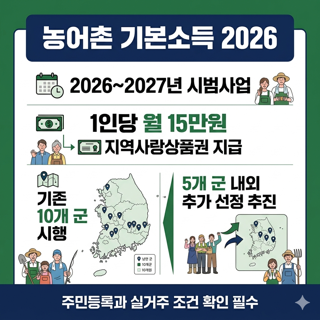 농어촌 기본소득 2026 월 15만원 대상지역&middot;신청방법&middot;지급일 확인 인포그래픽