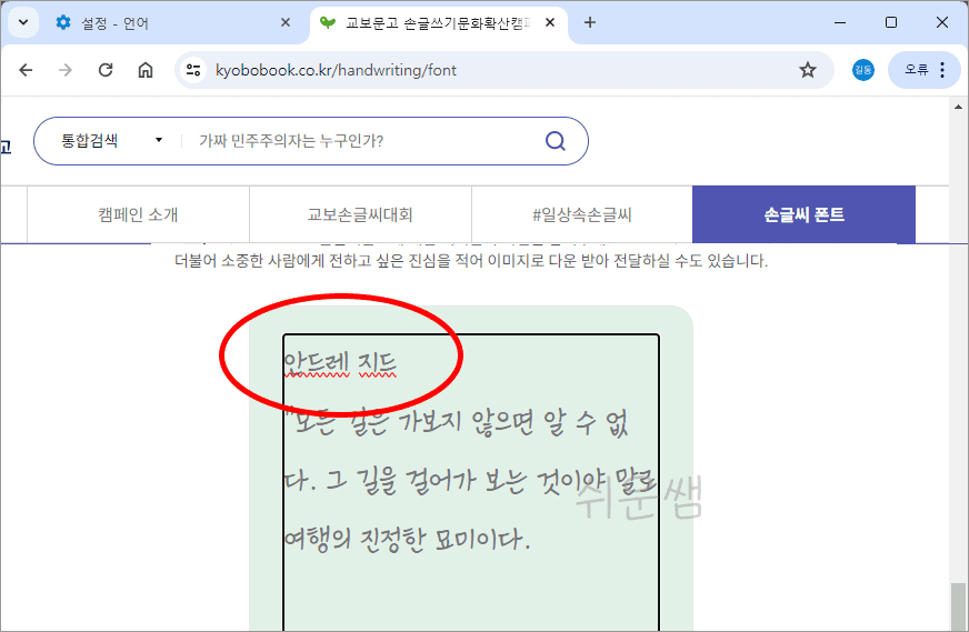 구글 크롬 빨간 밑줄 예시 화면