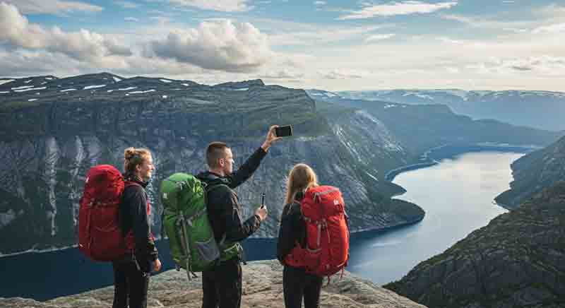 노르웨이 트롤퉁가에서 인증샷을 촬영하고 있는 젊은이들