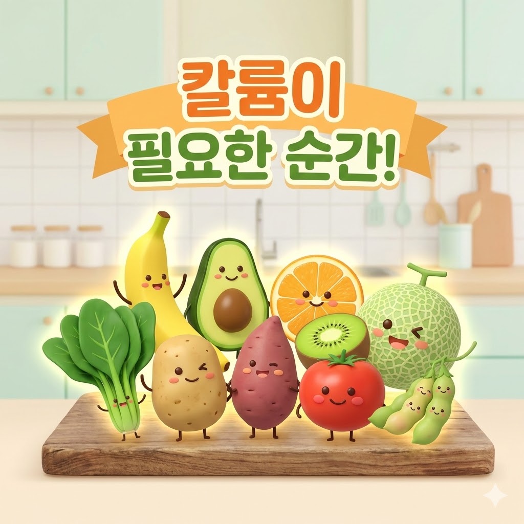 칼륨이 풍부한 바나나, 아보카도, 시금치, 토마토 등 다양한 과일과 채소가 활기차게 어우러진 귀여운 3D 카툰 일러스트. '칼륨이 필요한 순간!' 문구가 시선을 끄는 이미지.