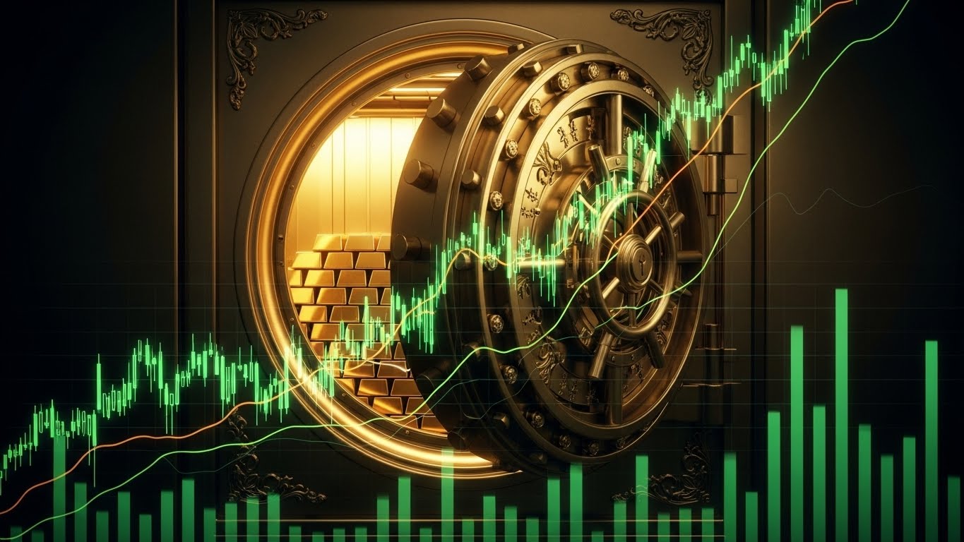 A golden safe vault door slightly open, revealing stacks of gold bars with a rising graph overlay, Green and Orange theme.