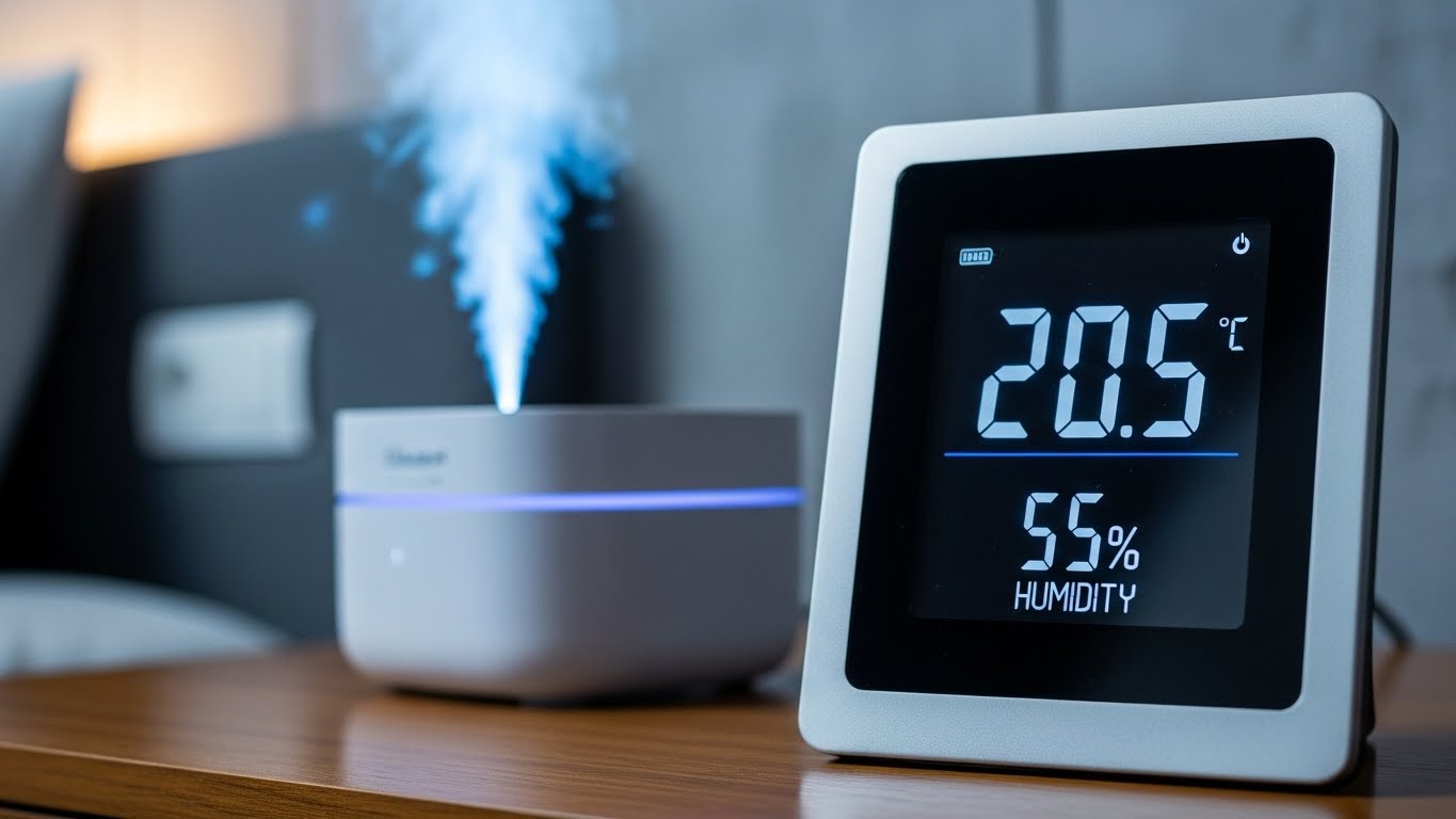 숙면을 위한 최적의 온도인 20도와 습도 55%를 유지하고 있는 침실의 모습