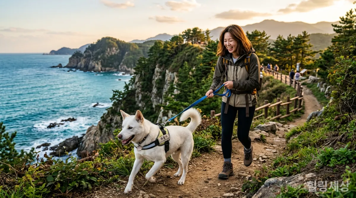 반려동물과 함께 야외 산책을 즐기는 한국인 보호자