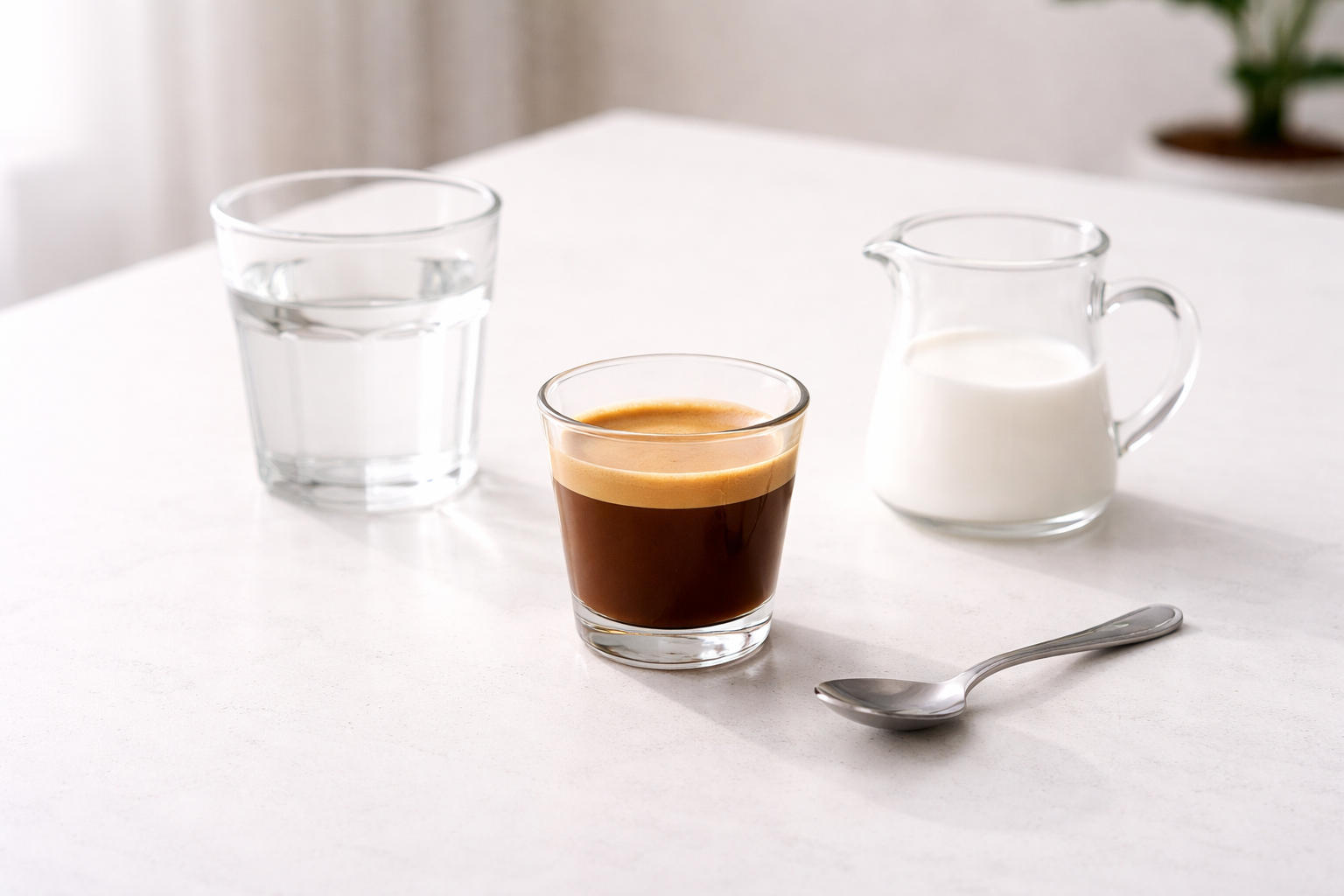 에스프레소 샷과 물컵, 우유 저그를 함께 보여주는 커피 메뉴 기본 이미지