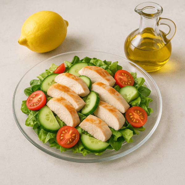 방울토마토와 오이가 곁들여진 닭가슴살 샐러드 , 올리브유와 레몬이미지