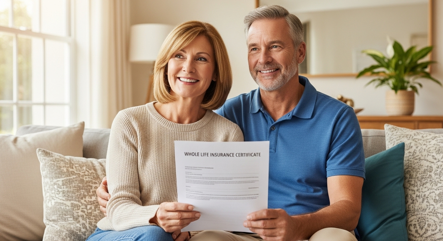 50대 이상 부부가 종신보험 증서를 들고 웃으며 노후를 준비하는 모습