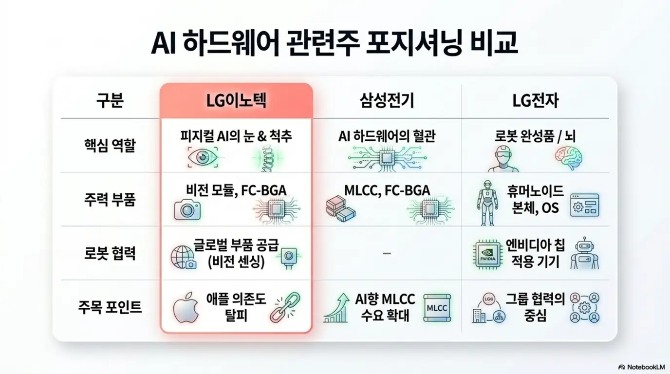 LG이노텍 주가 전망: &amp;#39;AI 하드웨어 관련주 포지셔닝 비교&amp;#39;라는 문구가 포함된 이미지. LG이노텍 관련주인 삼성전기&amp;#44; LG전자와 핵심 역할과 주력 부품&amp;#44; 로봇 협력&amp;#44; 주목 포인트를 한눈에 비교한 표를 시각적으로 전달하며&amp;#44; 블로그의 LG이노텍 주가 전망과 관련된 내용을 설명함