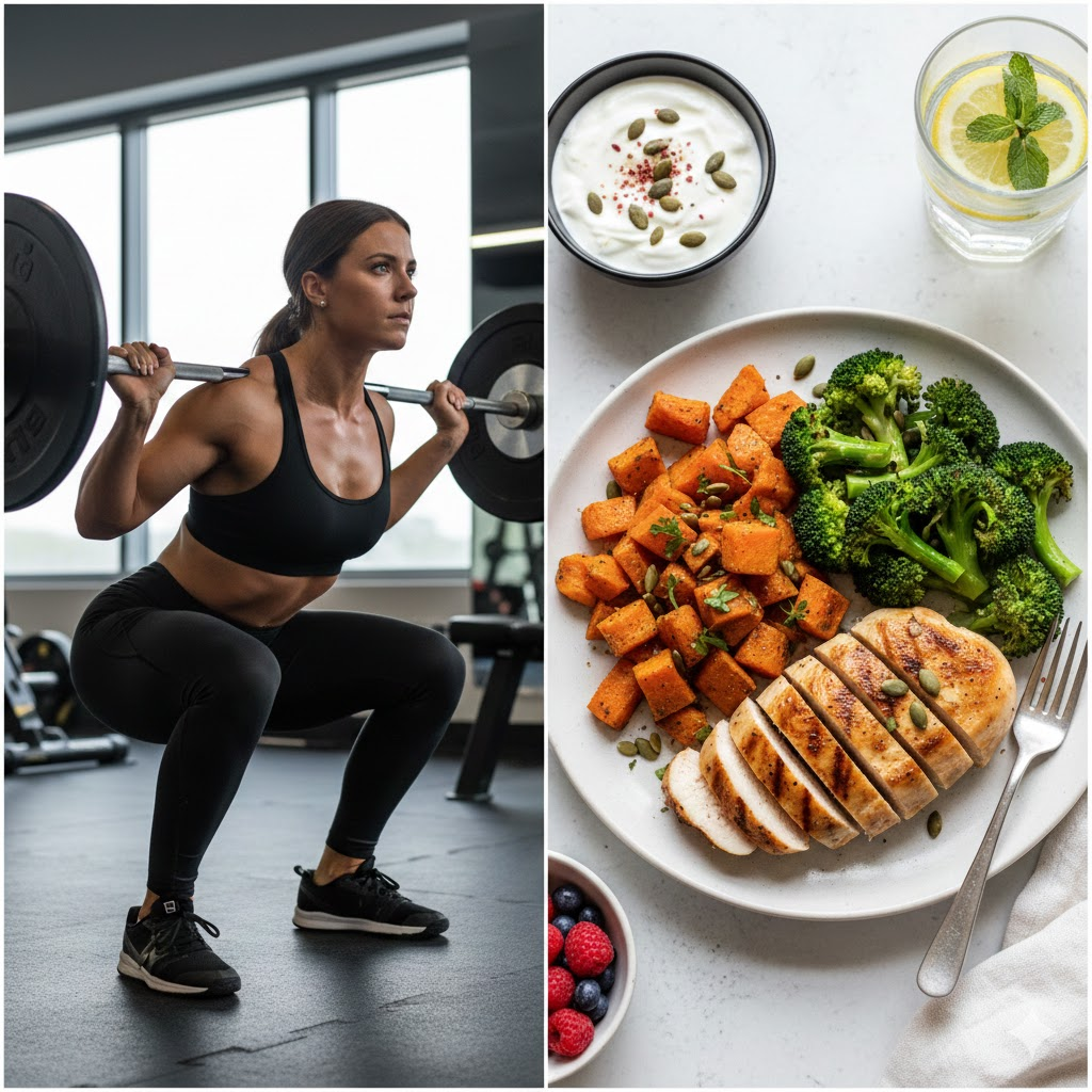 탄탄한 하체 운동(스쿼트)을 하는 모습이나 단백질이 풍부한 식단 사진