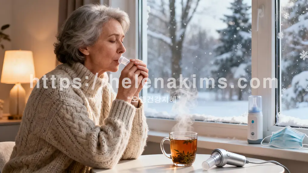 . 따뜻한 니트 스웨터를 입은 50대 여성이 창밖의 차가운 겨울 풍경을 응시하며 조심스럽게 숨을 고르는 모습. 그녀의 옆 테이블에는 은은한 조명 아래 천식 흡입기가 조화롭게 놓여 있고, 따뜻한 허브차가 담긴 머그컵에서 김이 피어오른다.