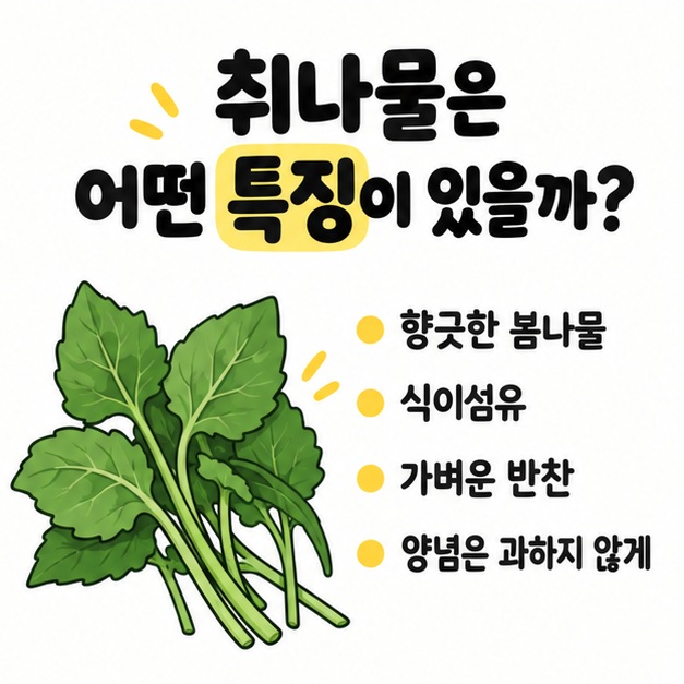 취나물의 향, 식이섬유, 조리 활용 특징을 간단히 정리한 그림