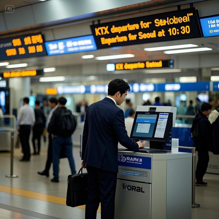 KTX 역사 내부에서 코레일 매표소에서 승차권을 확인하는 직장인의 모습3