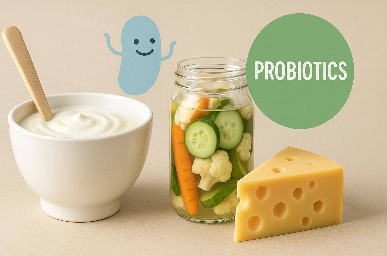 요거트, 피클, 치즈 등 프로바이오틱스 발효 식품 모음.