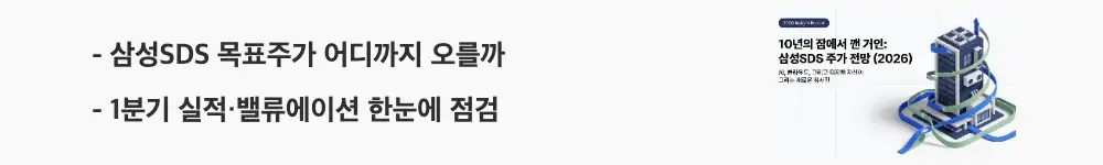 '삼성SDS 목표주가 어디까지 오를까', '1분기 실적·밸류에이션 한눈에 점검'이라는 문구가 포함된 웹배너 이미지. 이 이미지는 삼성SDS의 증권사 평균 목표주가와 1분기 실적, 현재 주가 위치를 시각적으로 전달하며, 블로그의 삼성SDS 주가 전망 주제와 관련된 내용을 설명함