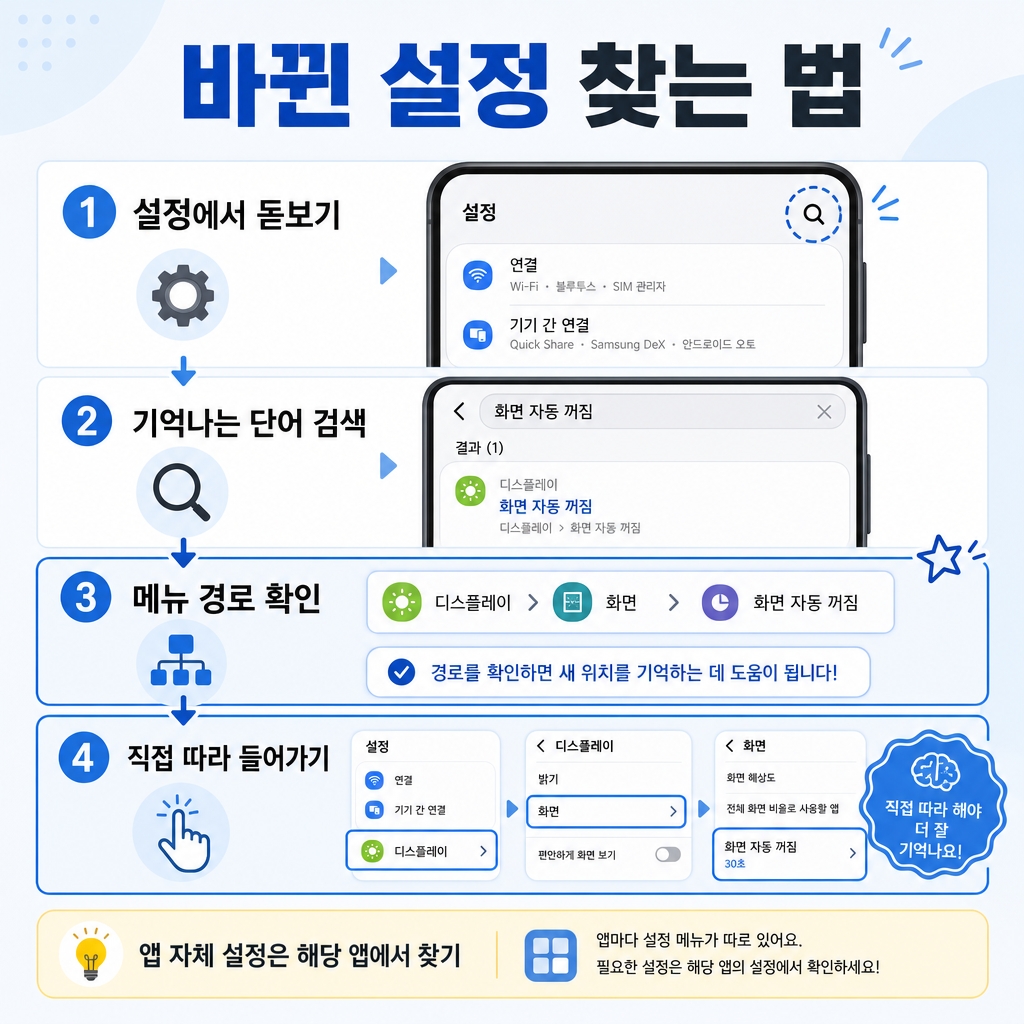 바뀐 설정 찾는 법을 설명하는 인포그래픽