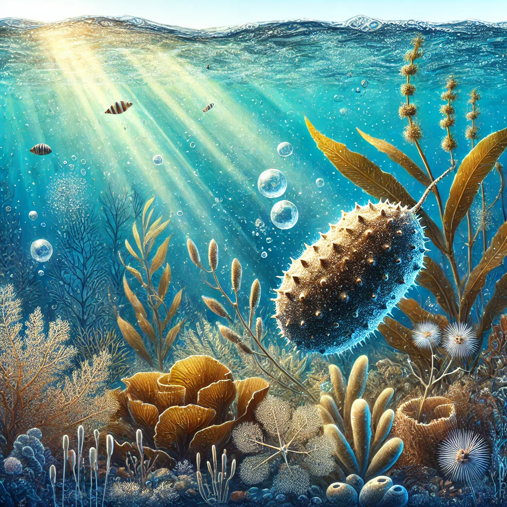 바다속 해삼과 해조류 사진