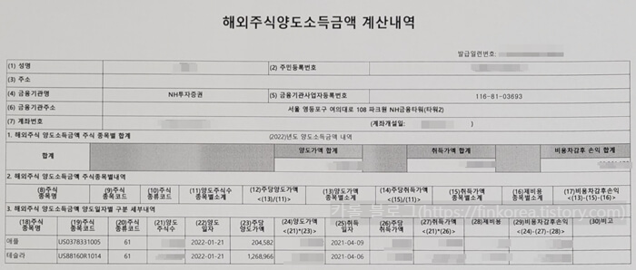 나무증권-해외주식-양도소득금액-계산내역