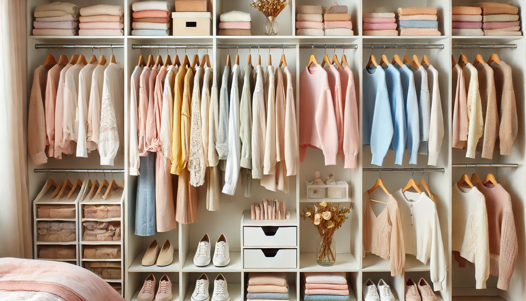 봄옷으로 채워진 옷장 인테리어