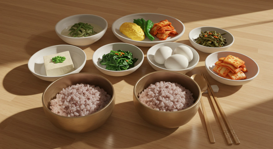 단백질 위주로 구성된 하루 식단(달걀, 연어, 두부, 채소)