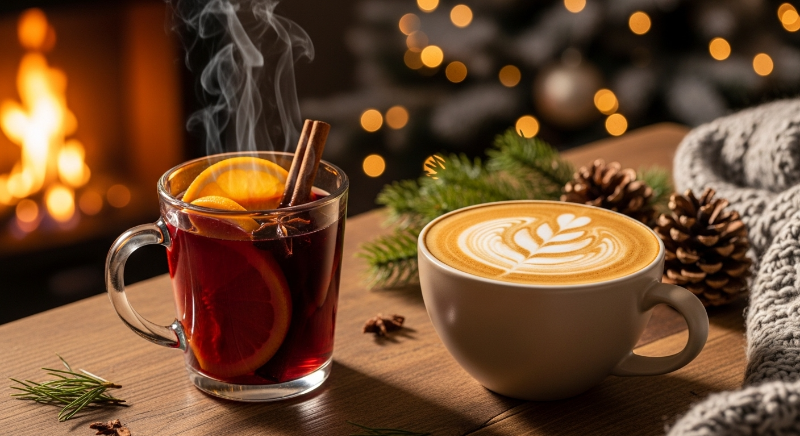 따뜻한 김이 나는 논알콜 뱅쇼와 부드러운 거품이 올라간 고구마 라떼가 나란히 놓인 겨울 홈카페 연출 사진