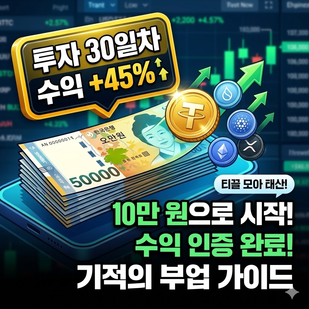 "투자 30일 차 수익 45% 달성, 10만 원 소액 투자로 티끌 모아 태산 부업을 실천하는 암호화폐 투자 포트폴리오 수익 인증 이미지"